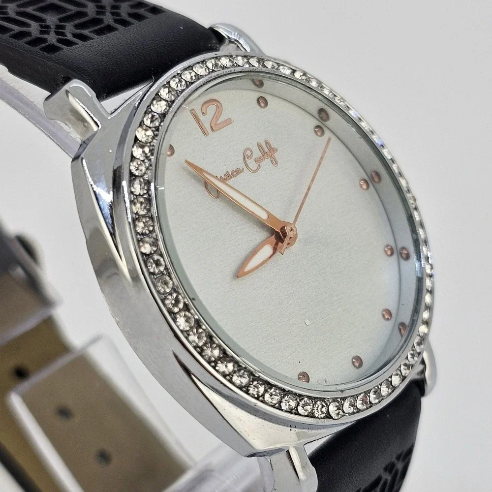 Jessica Carlyle 36MM Women Watch White Dial Crystal Bezel Black Bands NewBattery